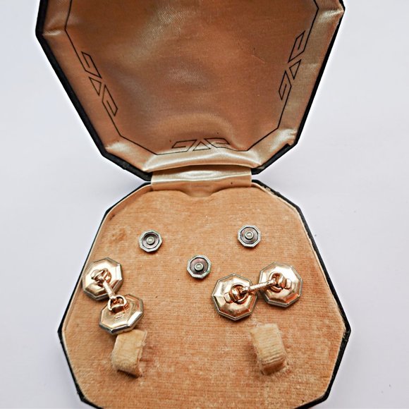 Platinum Clad & 14k Rolled Gold Plate Cufflinks and Tuxedo Shirt Stud Buttons - Picture 2 of 3